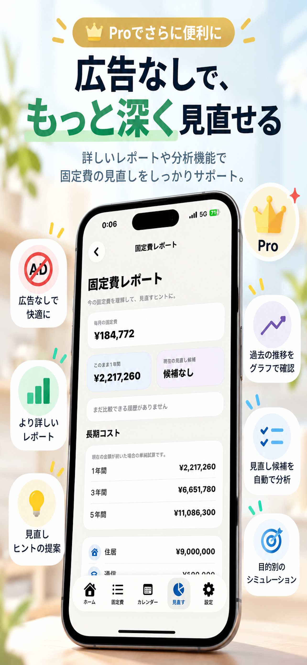Pro版の詳しい固定費レポートと分析画面