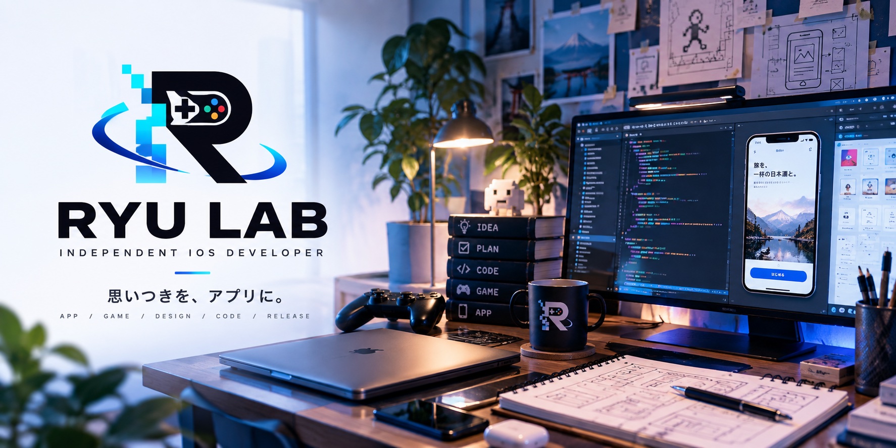 RYU LABのロゴ、ブランドメッセージと明るい開発デスク